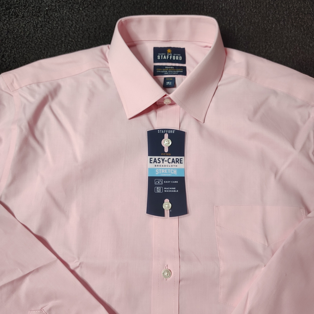 Stafford Pink Travel Easy Care Broadcloth Stretch Comfort Shirt Men's 16.5 34-3